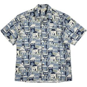 Jos A Bank 100% Silk Hawaiian Camp Shirt Mens XXL Blue Aloha Village Print NWOT